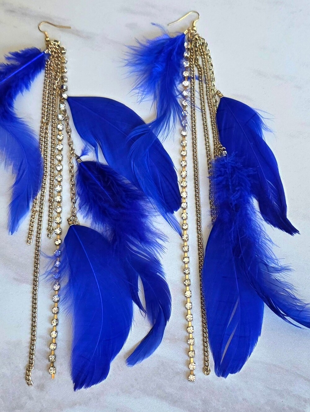 Exotic 9" Clear Crystal Round Blue Feather Tassel Dangle Drop Hook Earrings.